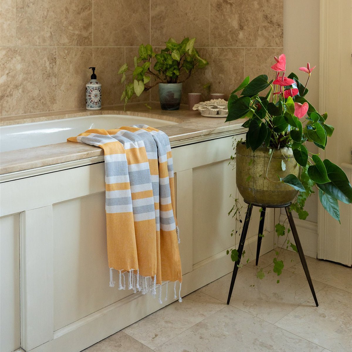 Hammam Striped Towel / Throw - Ochre/Grey - Forever England