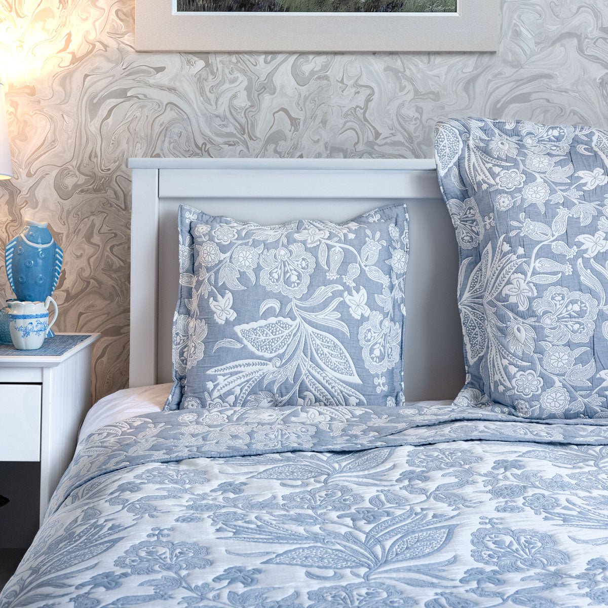 Olivia Blue Jacquard Bedspread - Forever England
