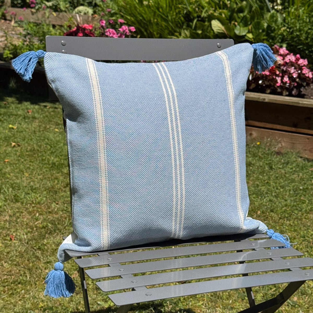 Striped Cushion with Tassels - Sky Blue - Forever England