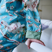 Load image into Gallery viewer, Blue Blossom Ladies Pyjamas With Light Green Trims - Forever England