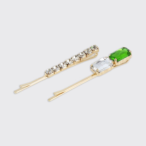 Diamante Set of 2 Hairclips- Peridot Green - Forever England