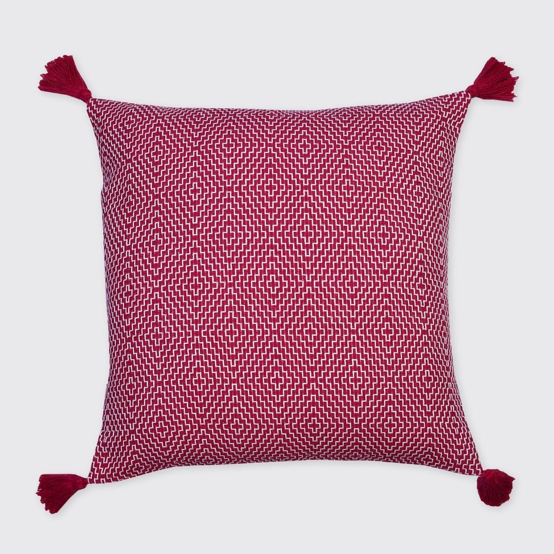 Diamond Cushion Cover with Tassels - Dark Pink - Forever England