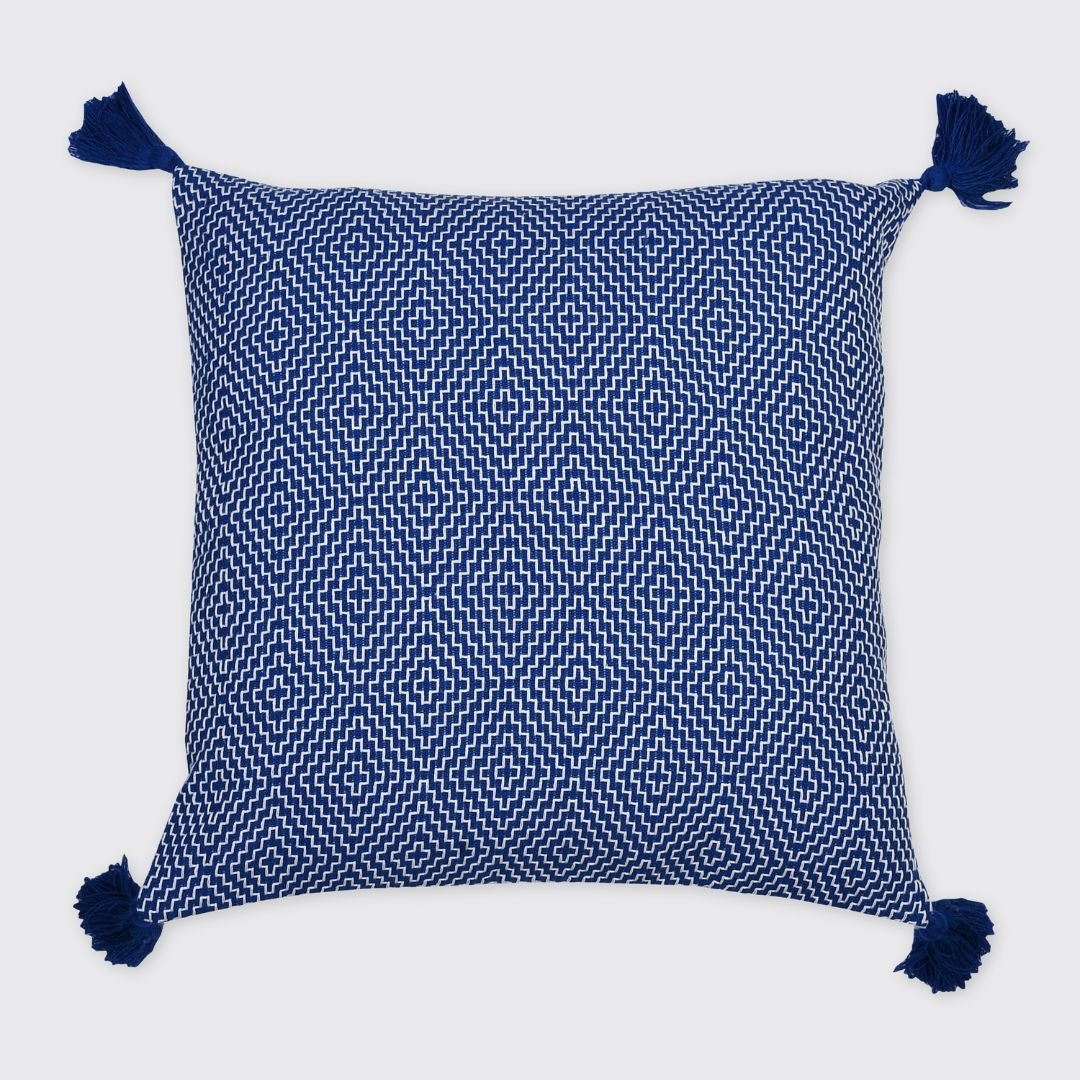 Diamond Cushion Cover with Tassels - Royal Blue - Forever England