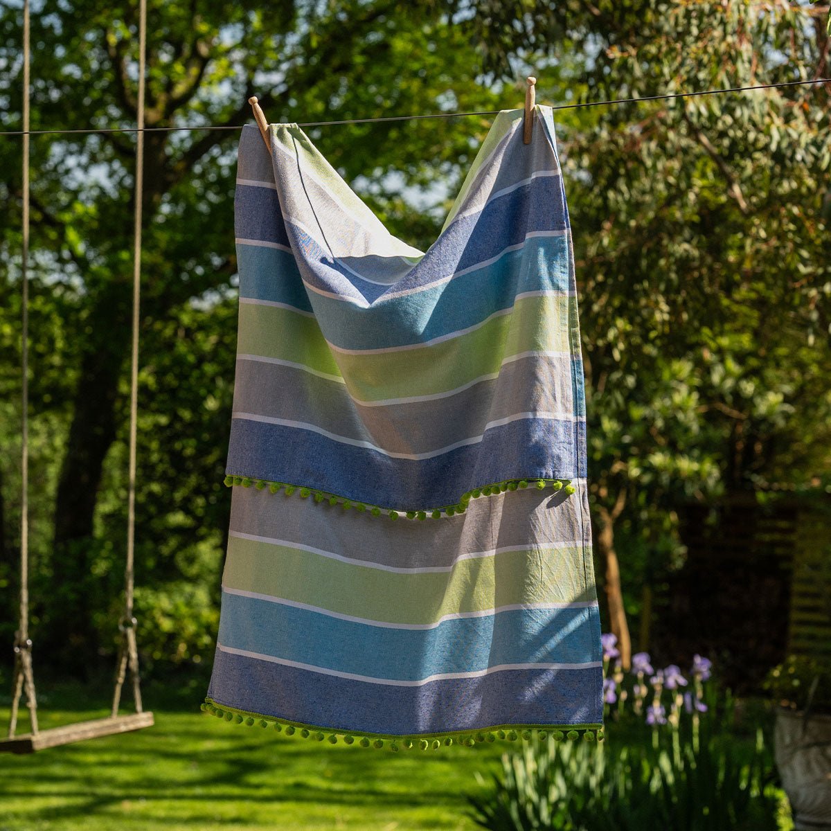 Hammam Towel with Pom Pom Edge - Green Multi - Forever England