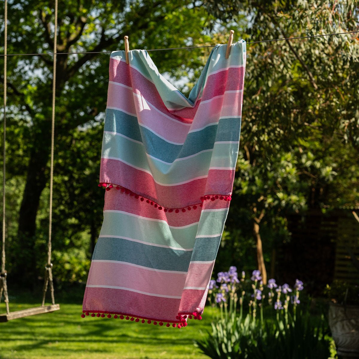 Hammam Towel with Pom Pom Edge - Red Multi - Forever England