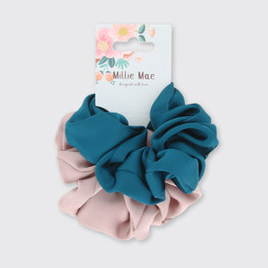 Set of Two Satin Scrunchies- Teal/Heather