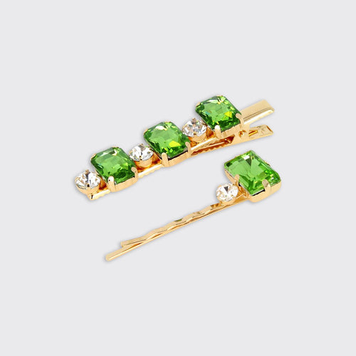 Jewelled Set of 2 Hairclips- Peridot Green - Forever England