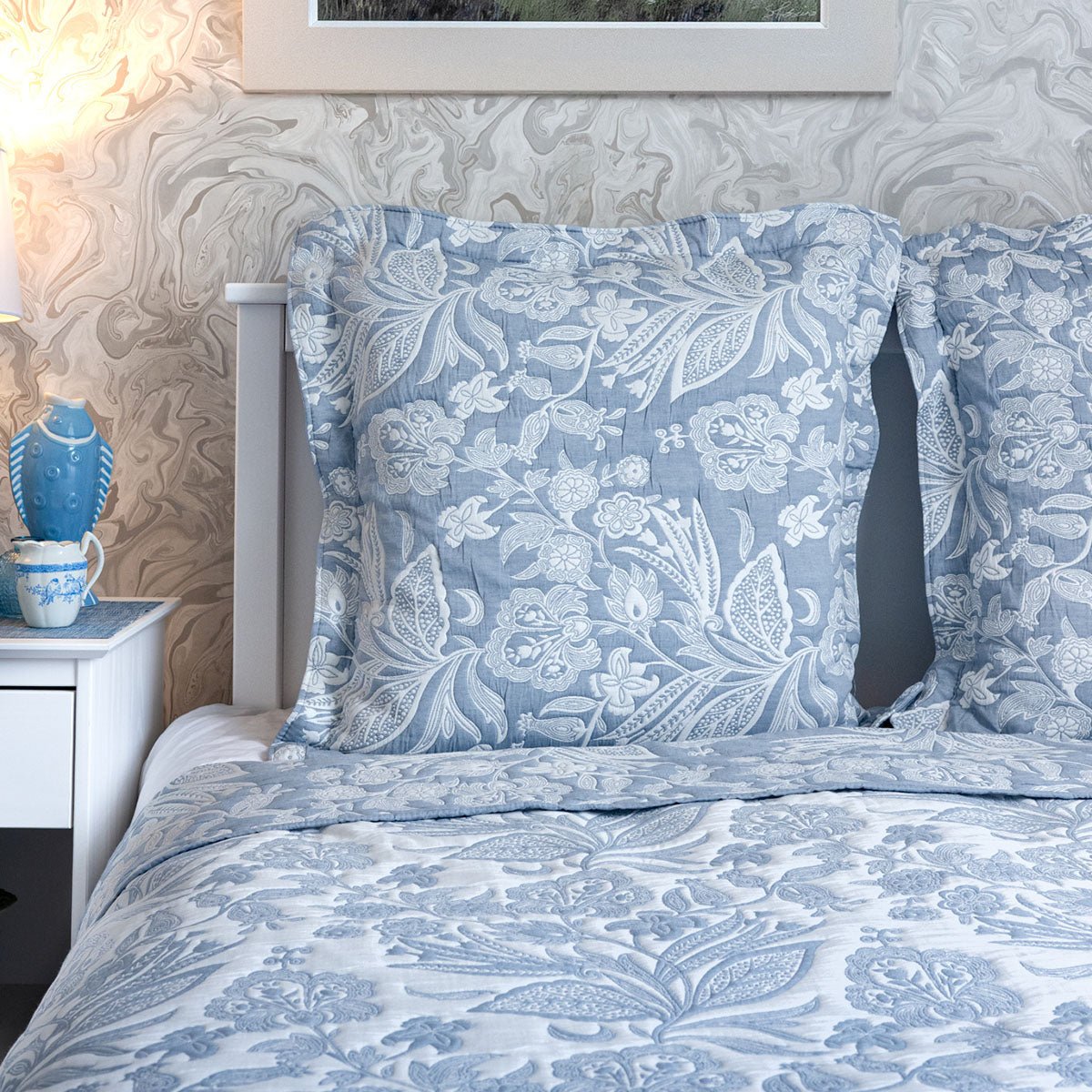 Olivia Blue Jacquard Bedspread - Forever England