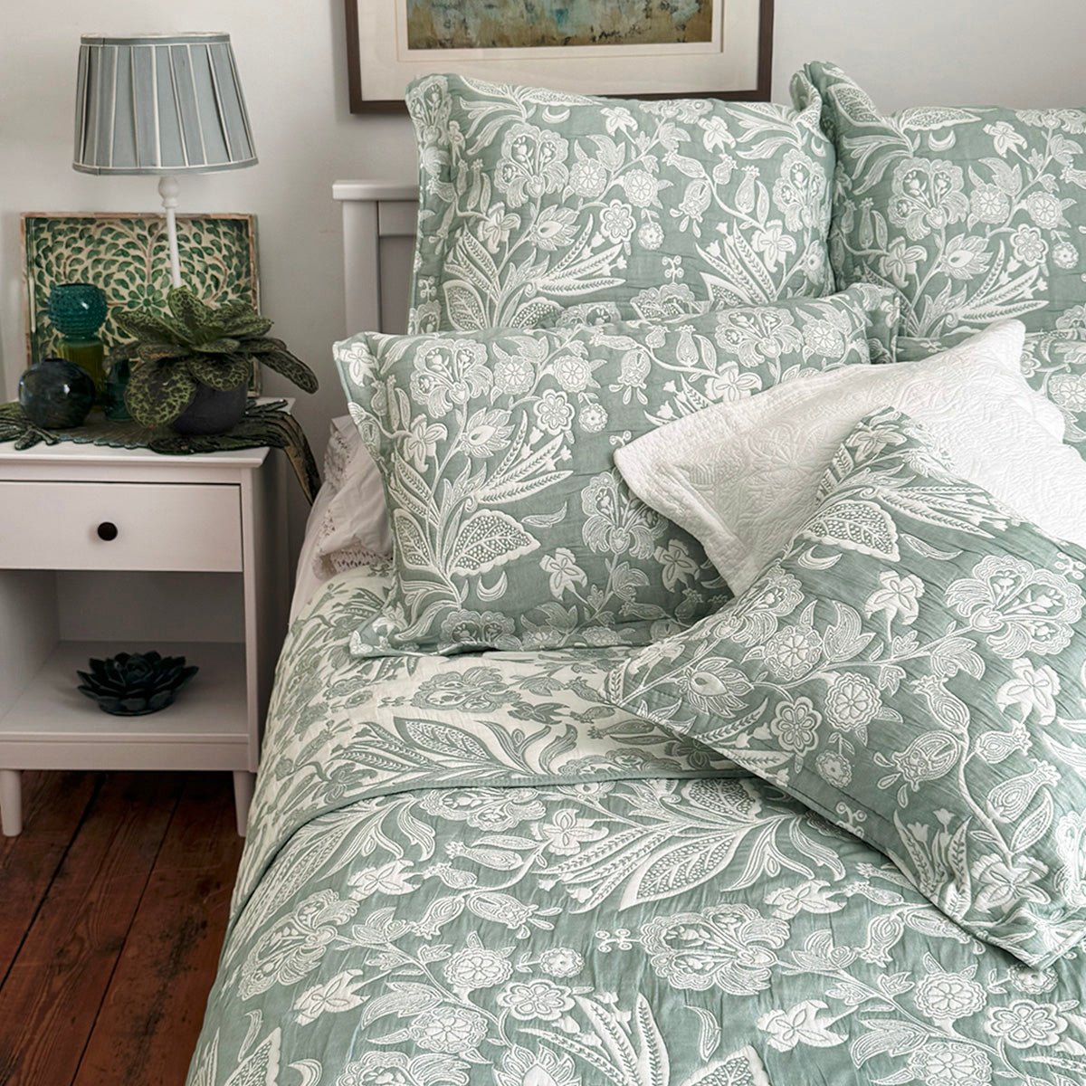 Olivia Duck Egg Green Jacquard Bedspread - Forever England