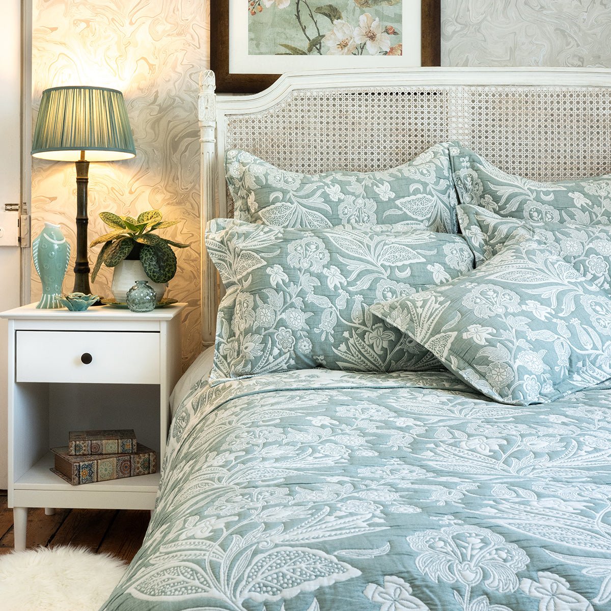 Olivia Duck Egg Green Jacquard Bedspread - Forever England
