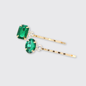 Set of 2 Jewelled Barrette Hair Clips- Green