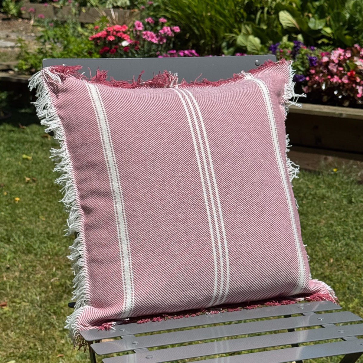 Striped Cushion with Fringe - Raspberry - Forever England