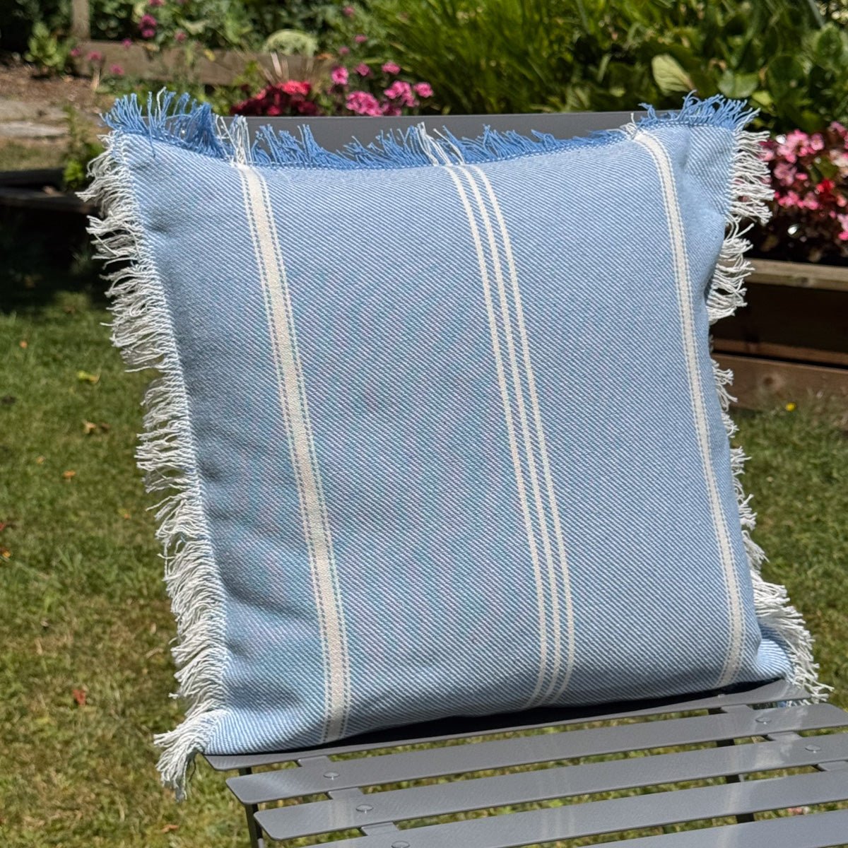 Striped Cushion with Fringe - Sky Blue - Forever England