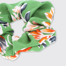 Load image into Gallery viewer, Green and orange floral hair scrunchie by Forever England.