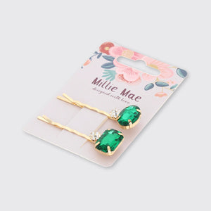 Set of 2 Jewelled Barrette Hair Clips- Green - Forever England