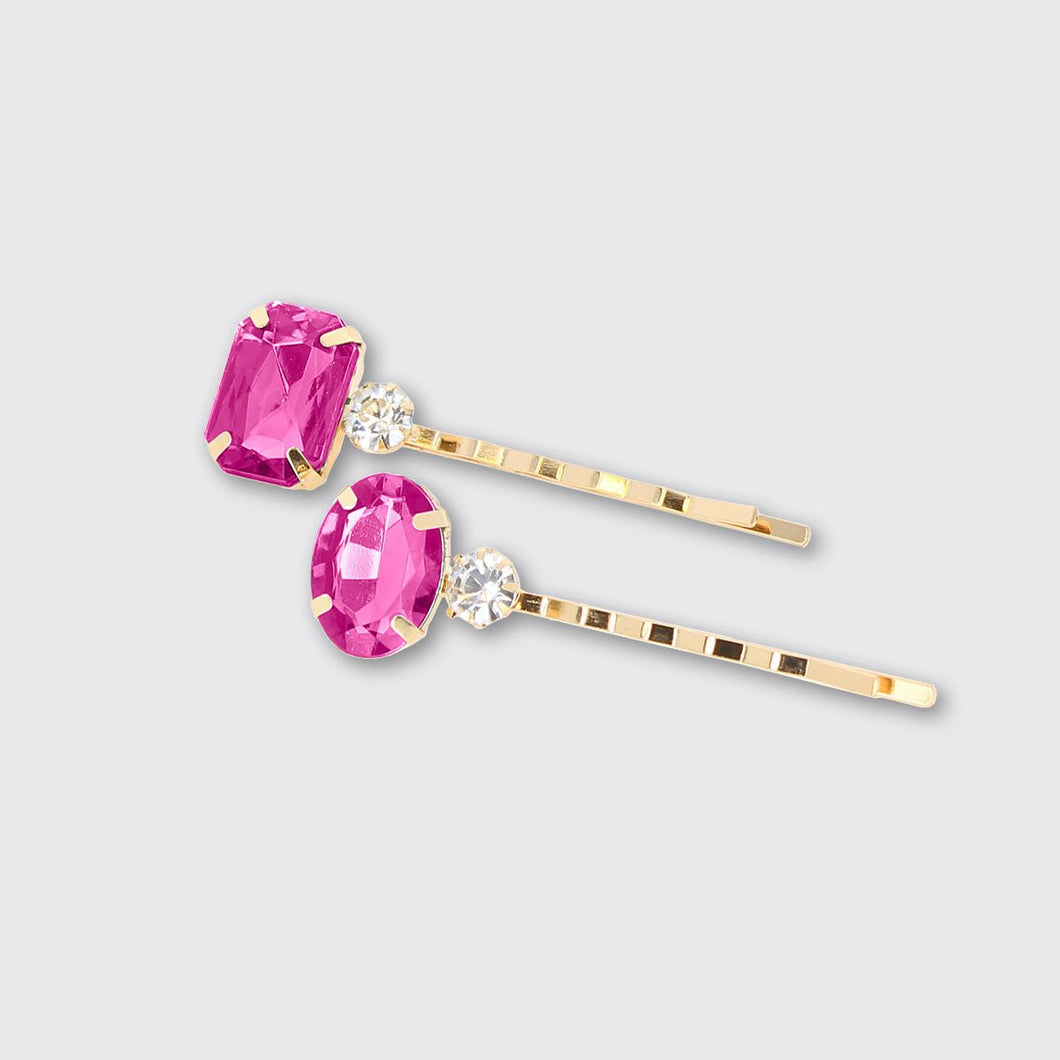 Set of 2 Jewelled Barrette Hair Clips- Pink - Forever England