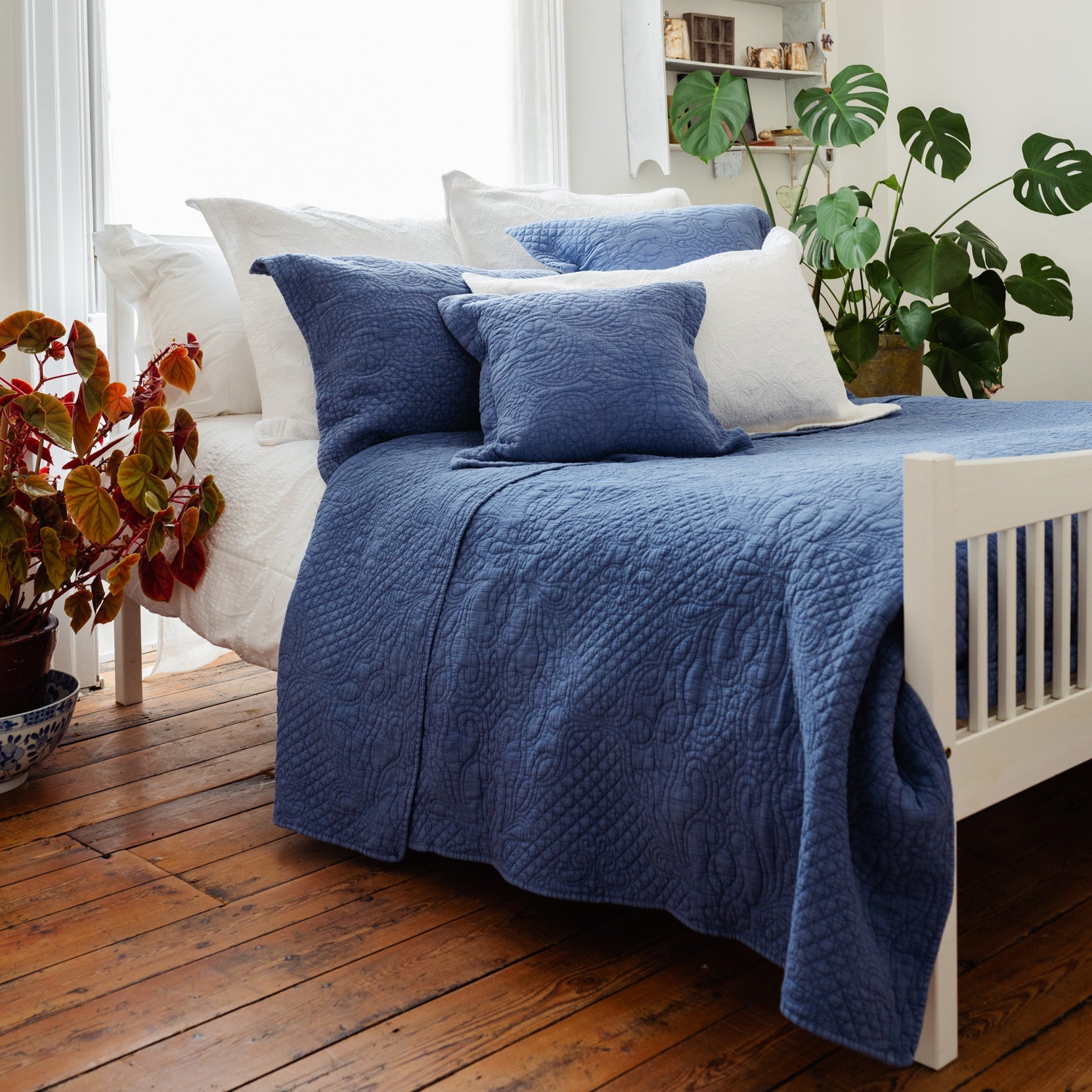 Stonewash Cotton Lapis Blue Bedspread - Forever England