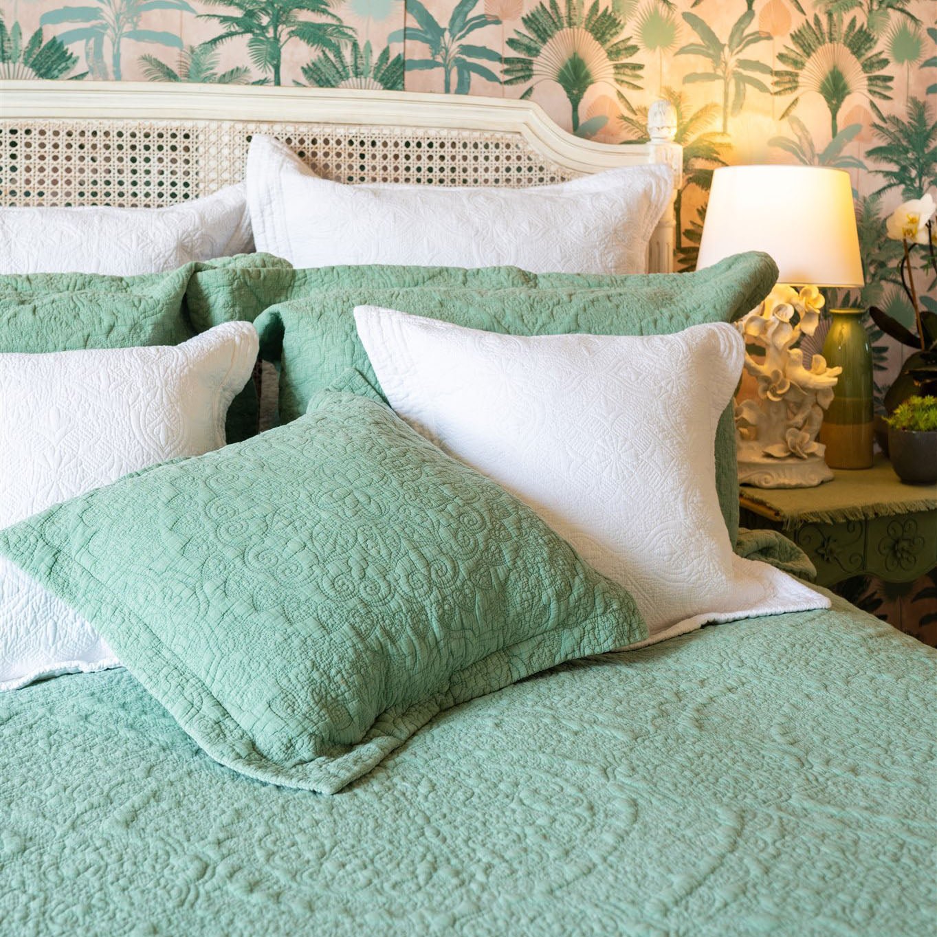 Stonewash Cotton Sage Green Bedspread - Forever England