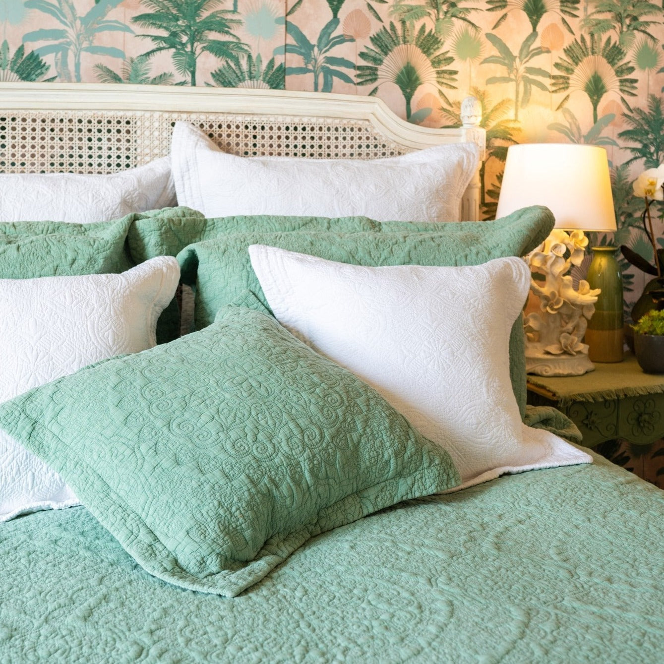 Stonewash Cotton Sage Green Bedspread - Forever England