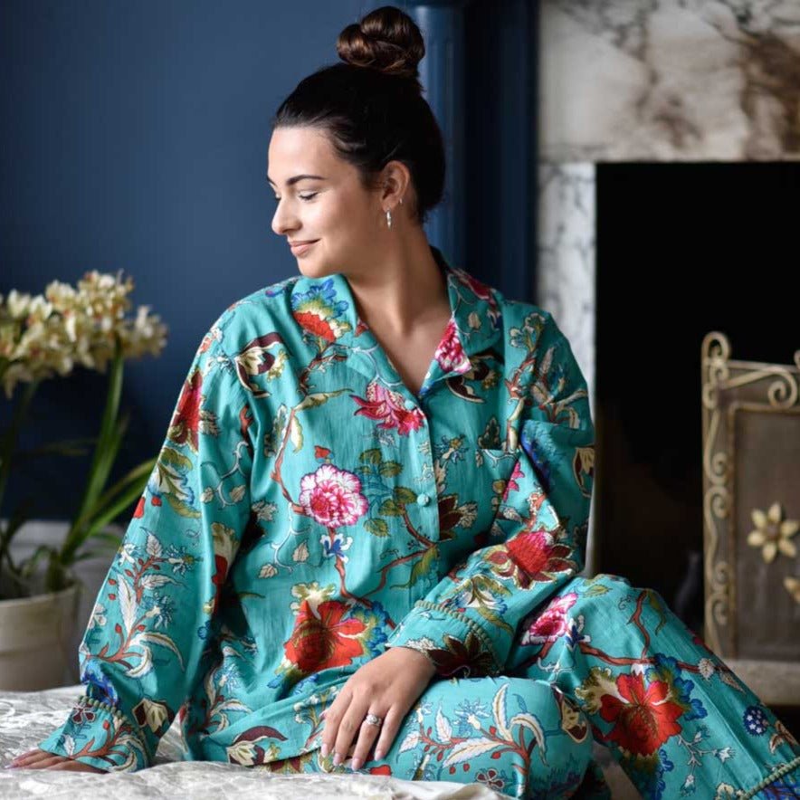 Teal Exotic Flower Print Pyjamas - Forever England